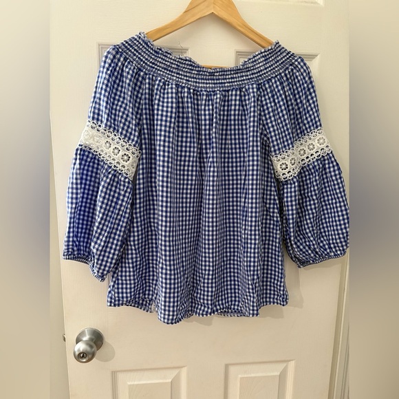 Made in Italy blue gingham crochet long sleeve top size Large shirt - Picture 6 of 11